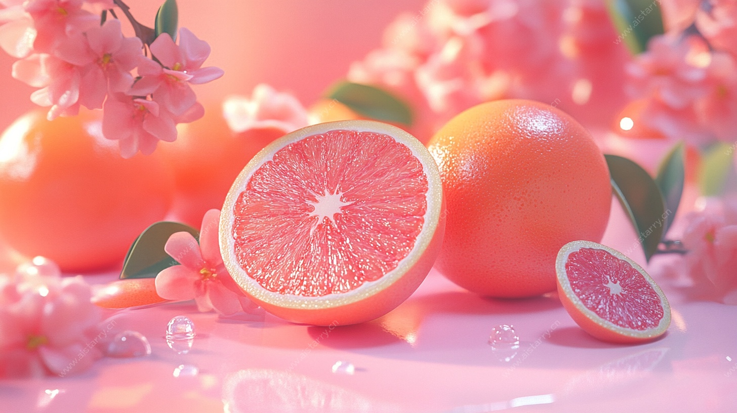 粉色系柑橘与繁花静物图