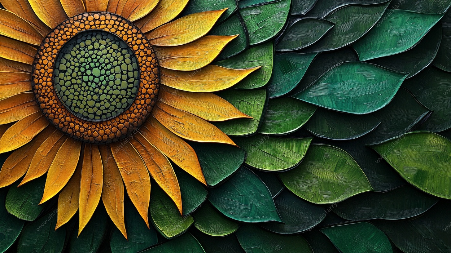 立体向日葵与绿叶图案