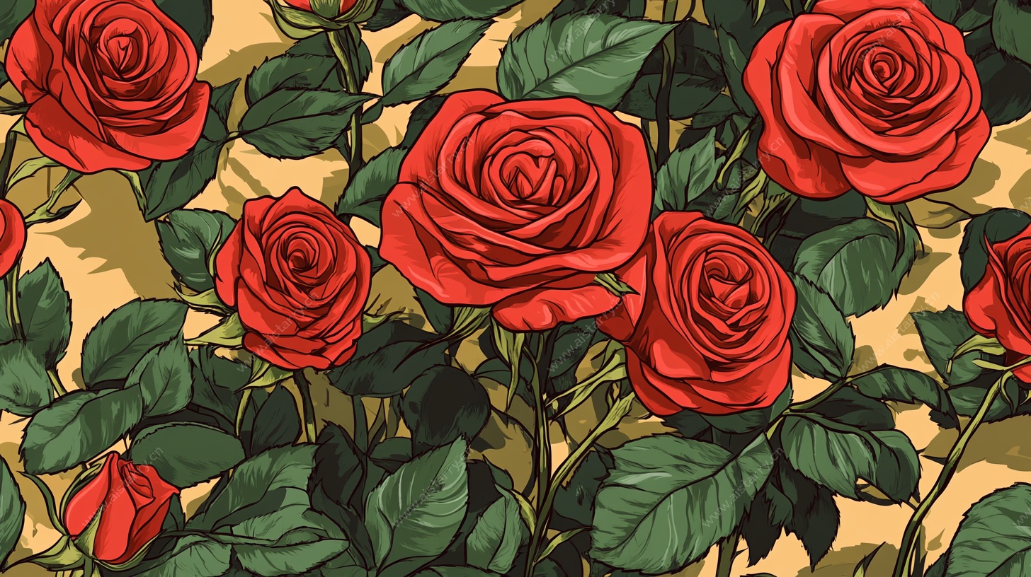 复古红玫瑰花卉图案