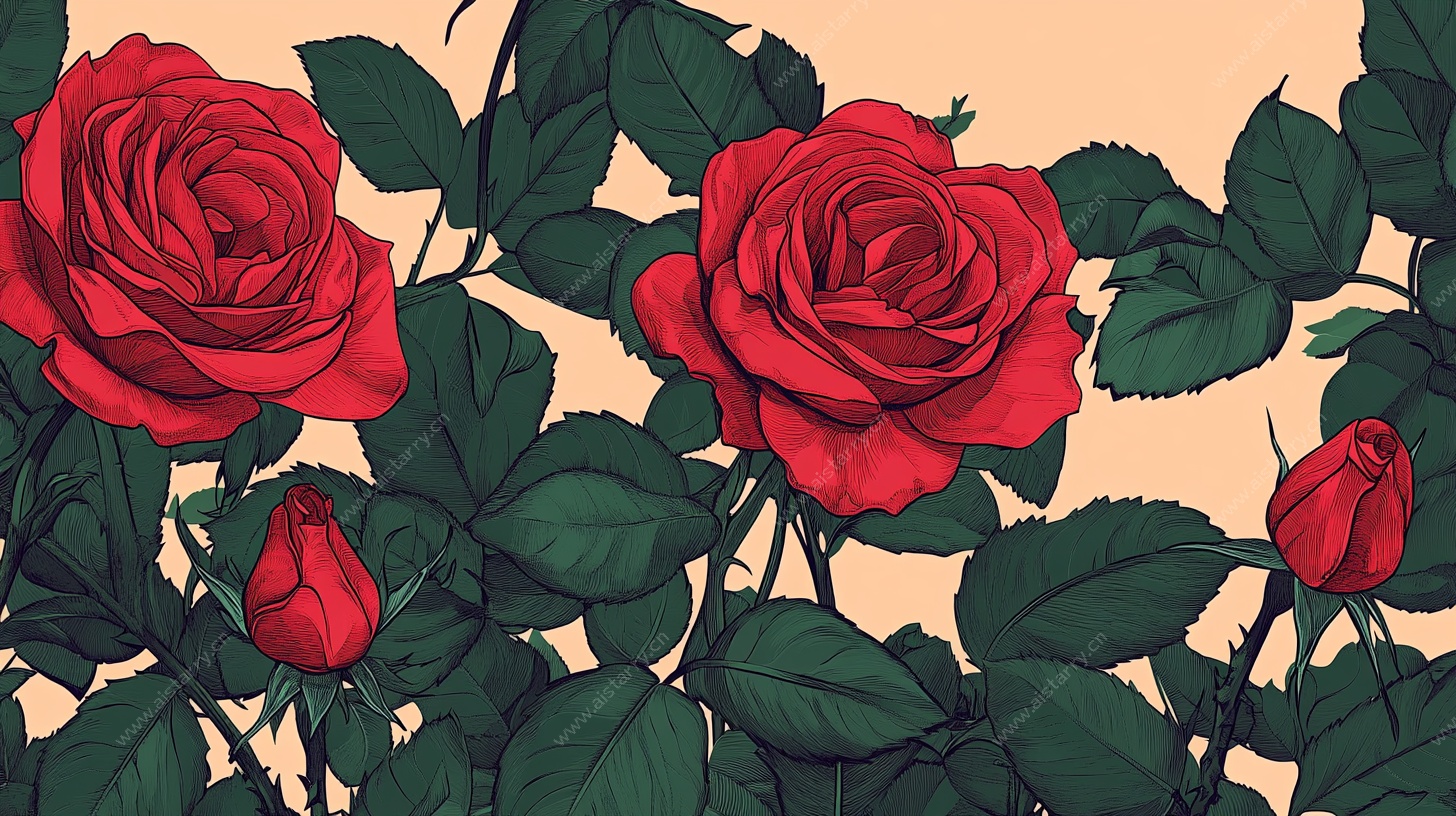 红玫瑰花卉插画图案