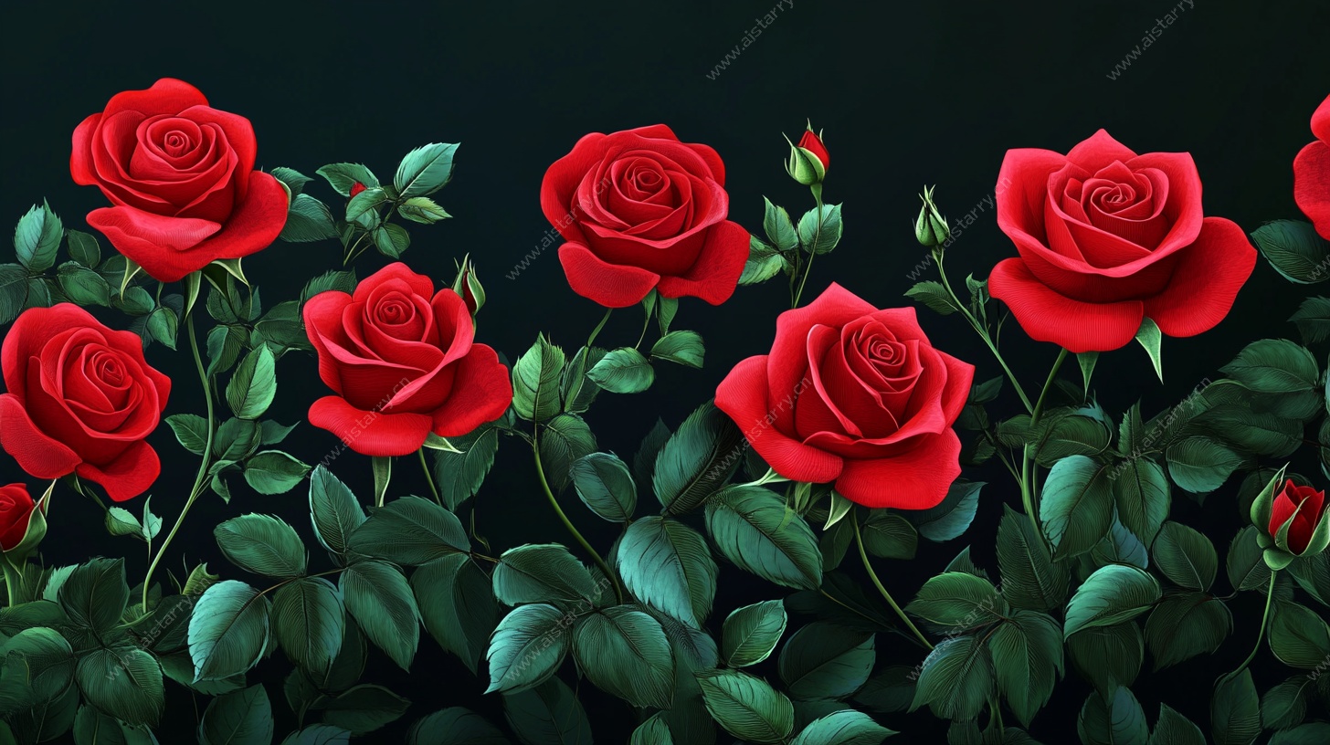 红玫瑰花卉特写插画