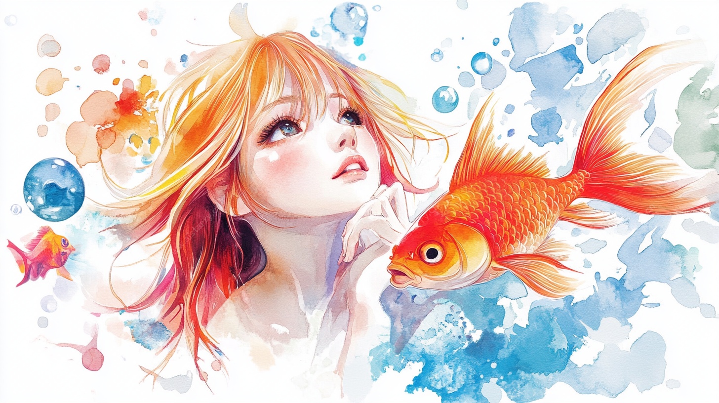 少女与金鱼的梦幻水彩画