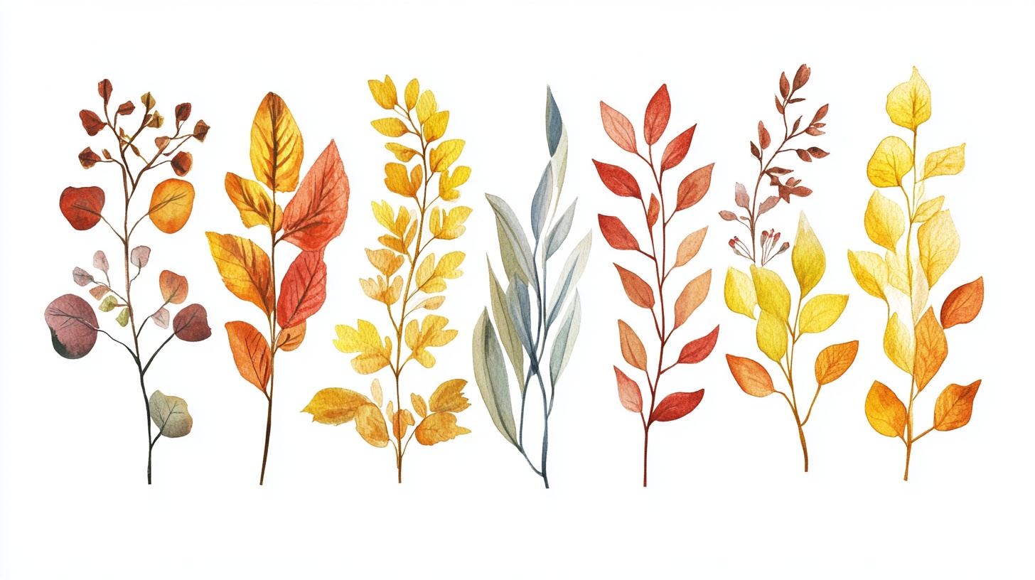秋日水彩植物枝叶集合