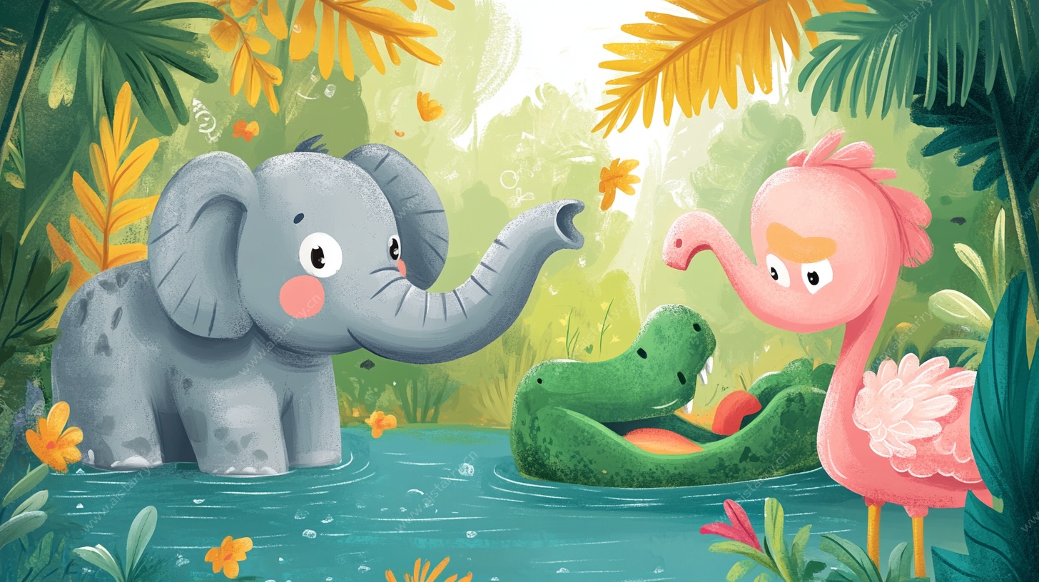 丛林动物欢乐戏水场景