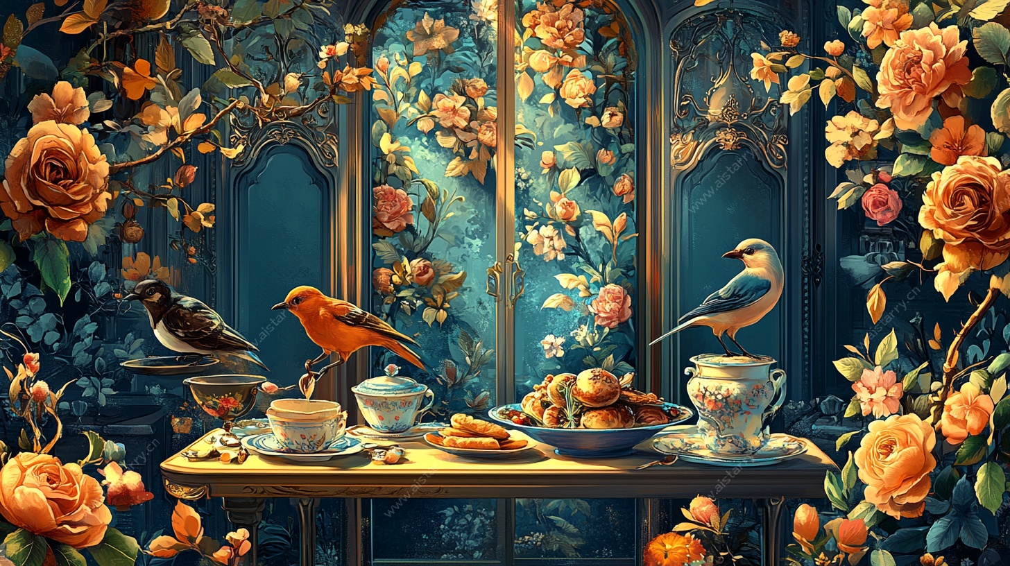复古花卉中的精致茶歇场景