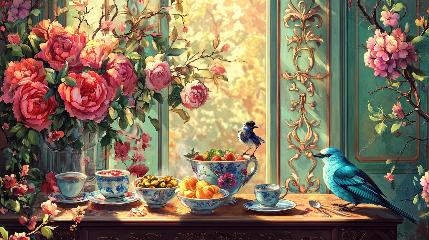 繁花窗台的惬意下午茶