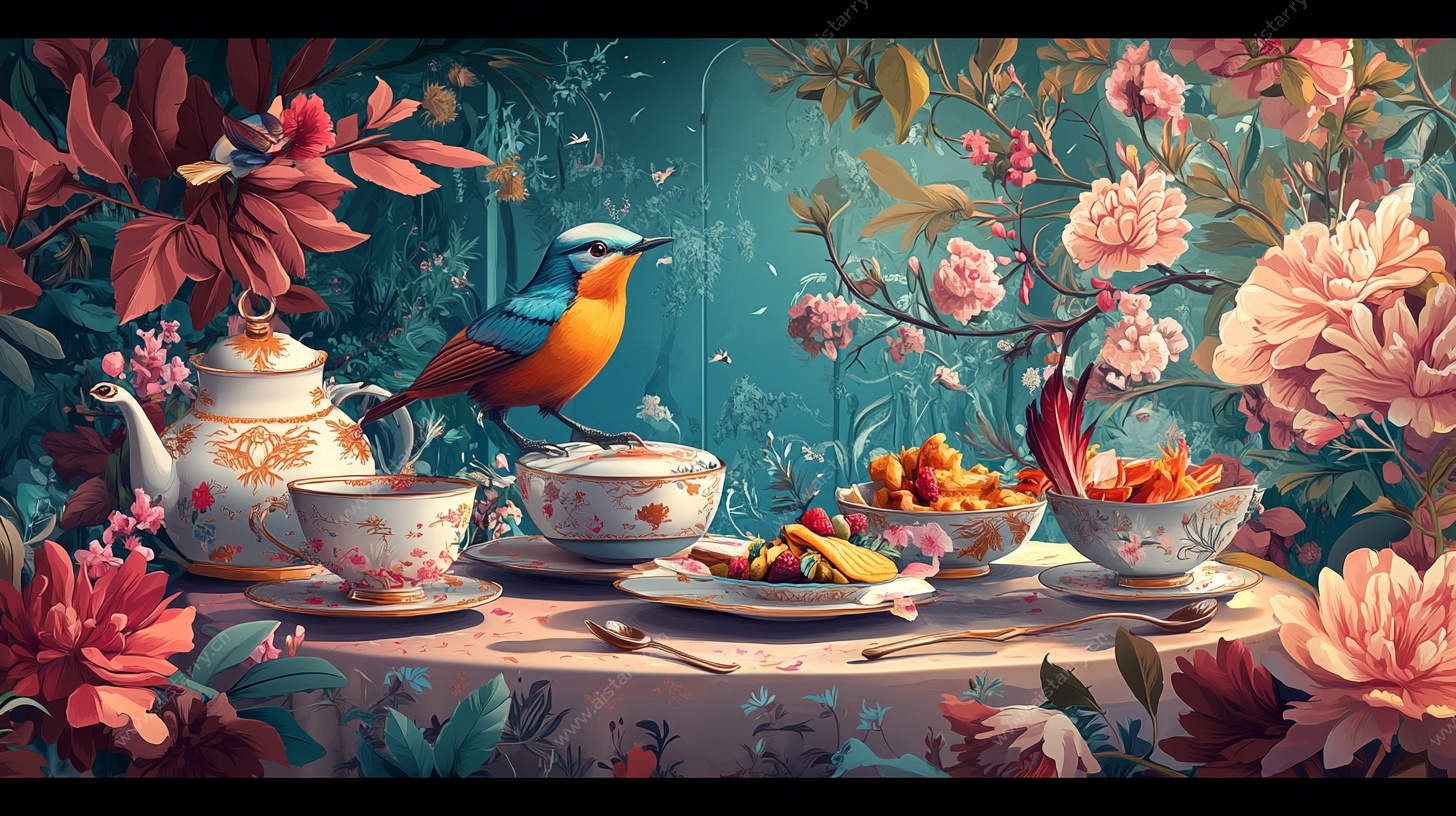 花鸟茶韵奇幻场景图
