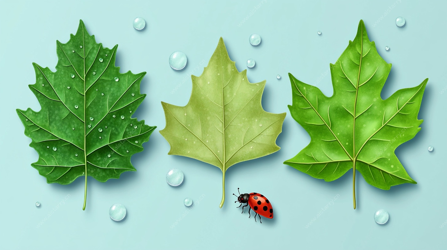 三片枫叶与瓢虫的清新画面