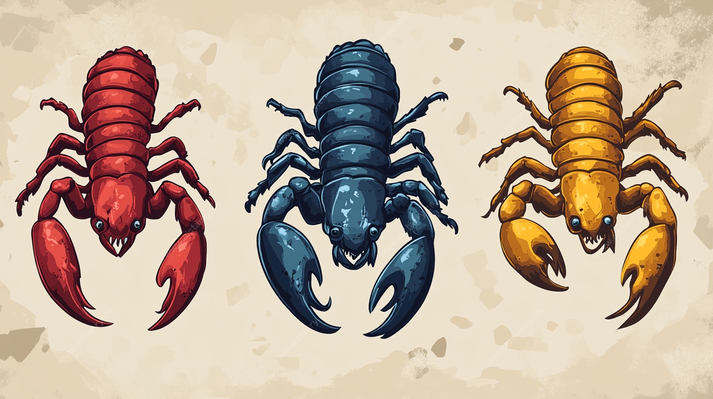 三只色彩各异的蝎子插画