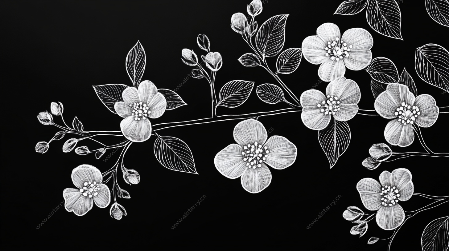 黑白花卉枝条插画