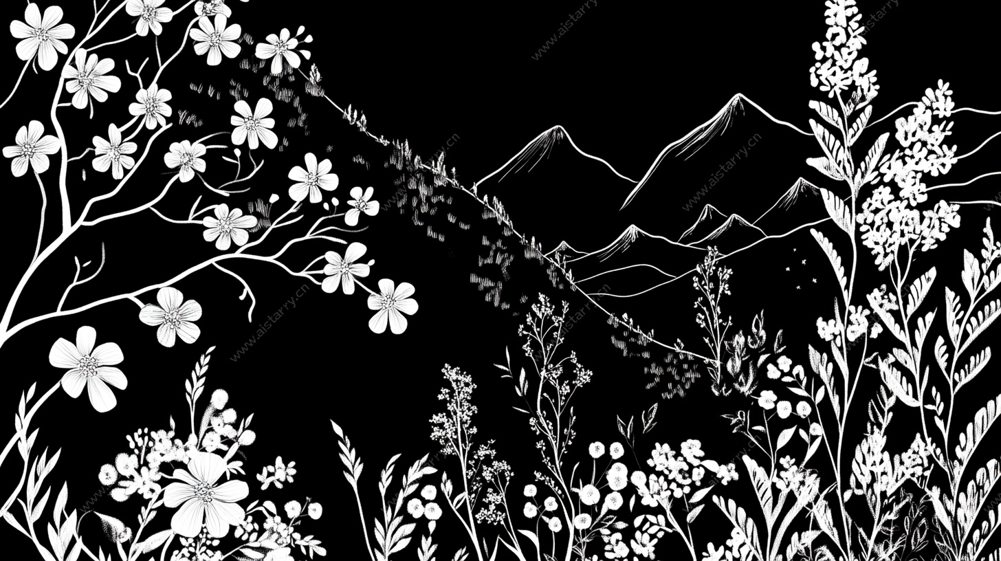 黑白花卉山川风景插画