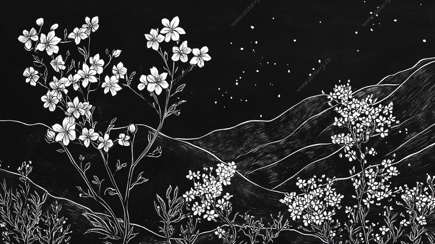 夜中繁花黑白插画