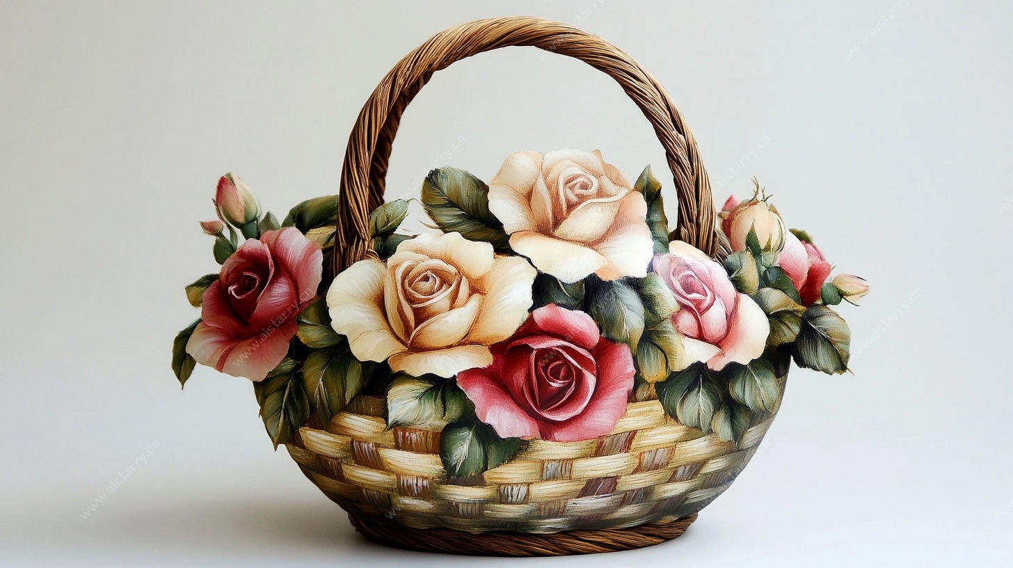 手绘花卉编织篮艺术品
