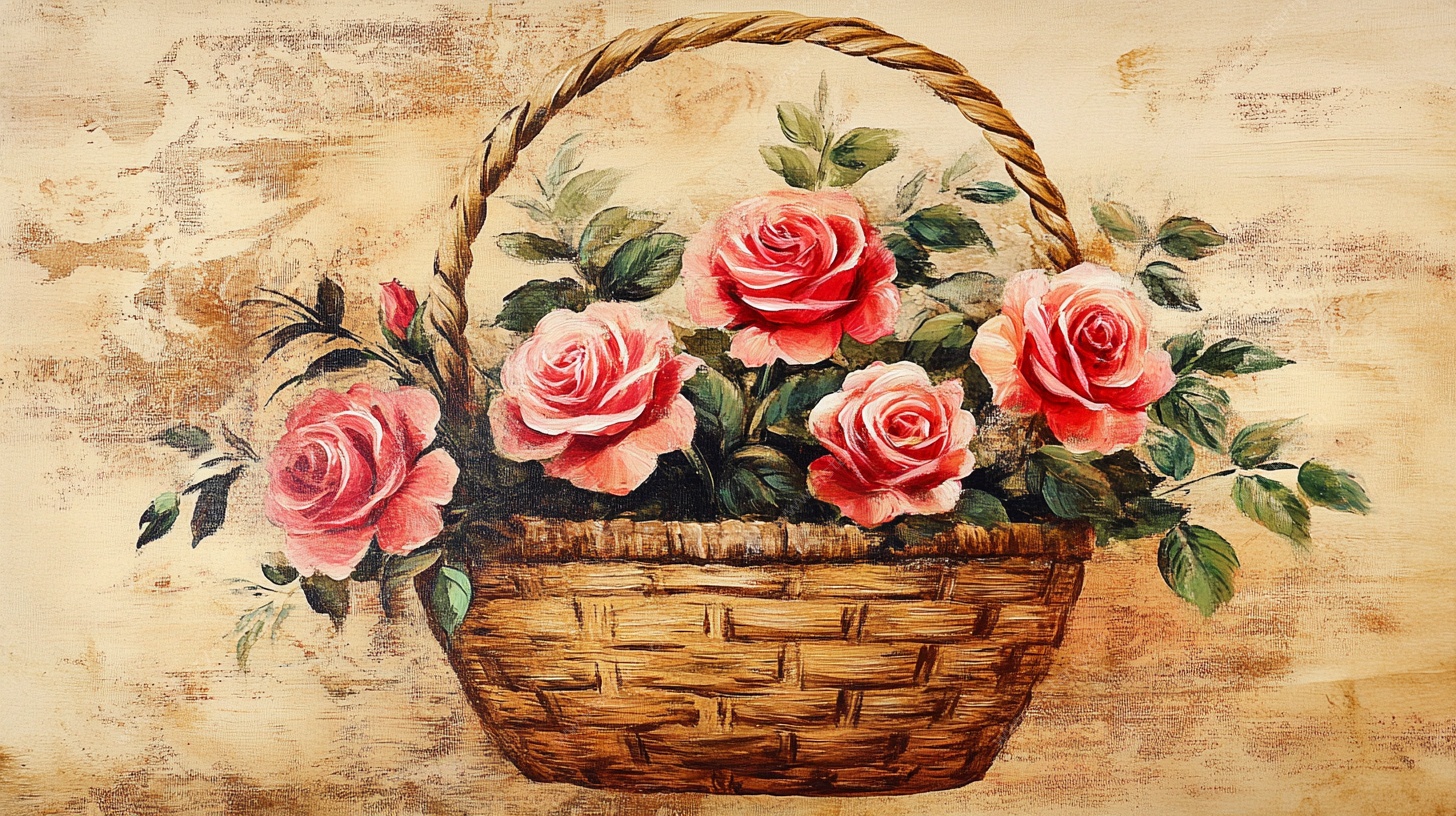复古篮中玫瑰插画