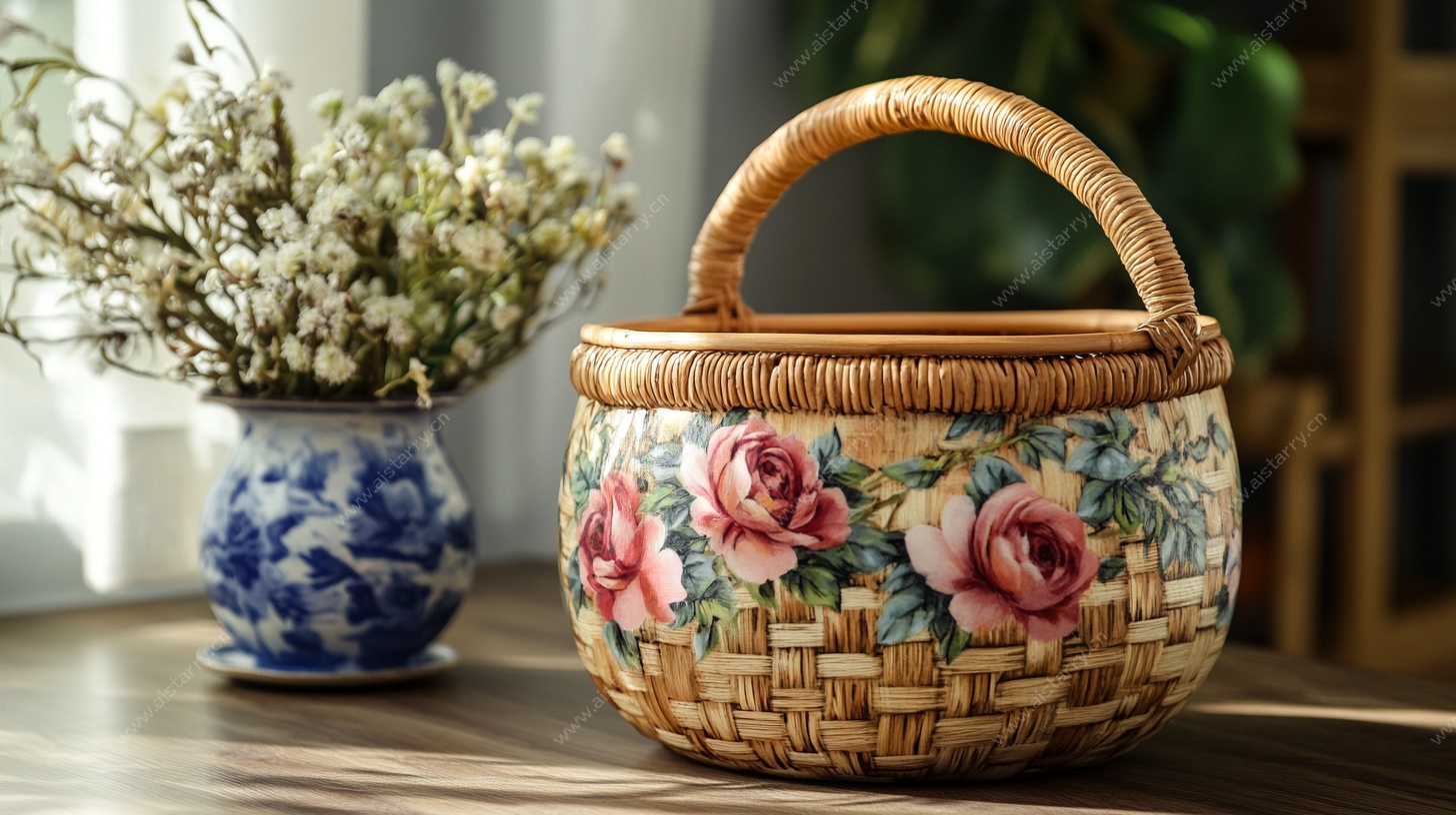 花卉图案藤编提篮