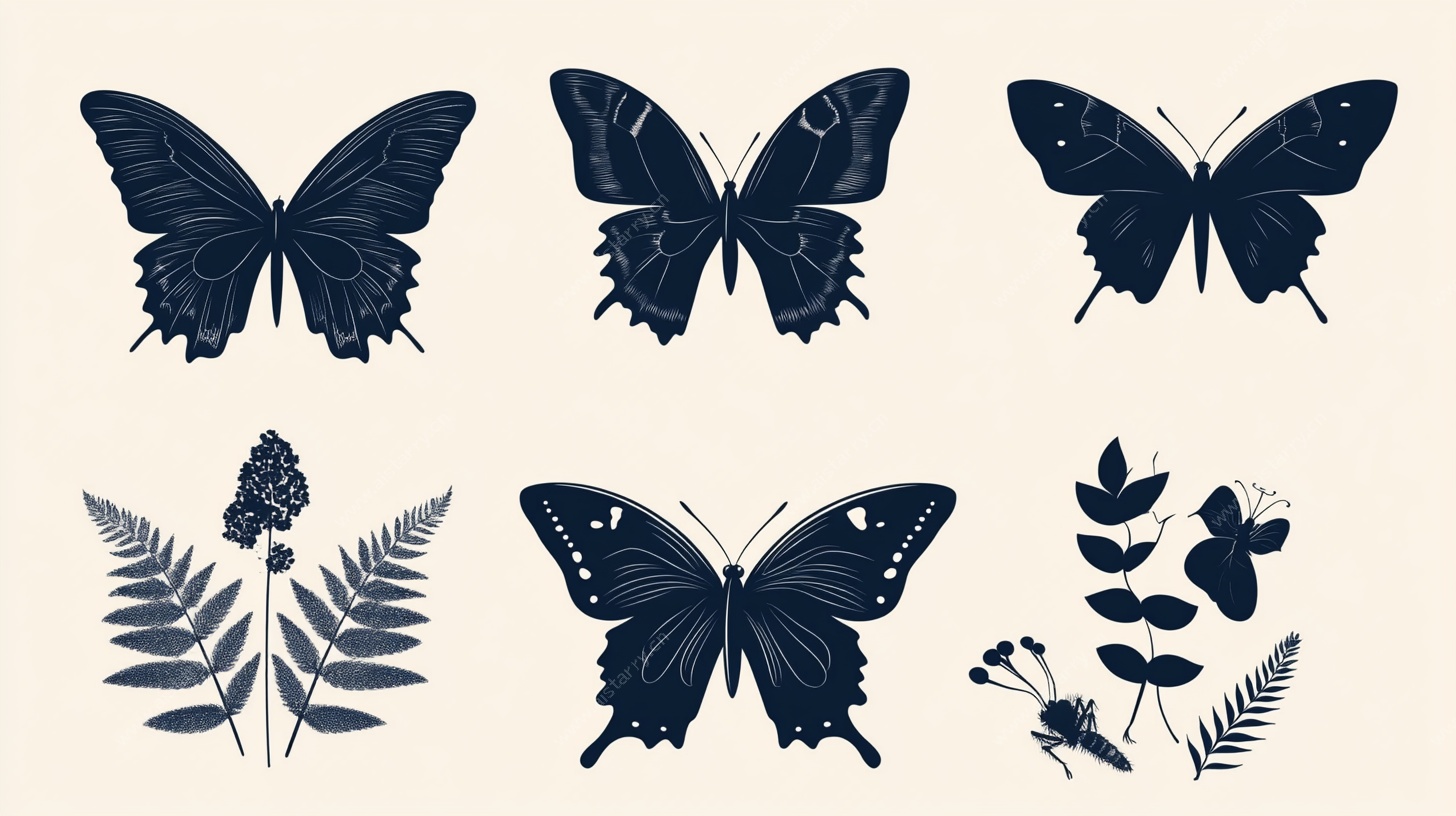 蝴蝶与植物剪影图案集合