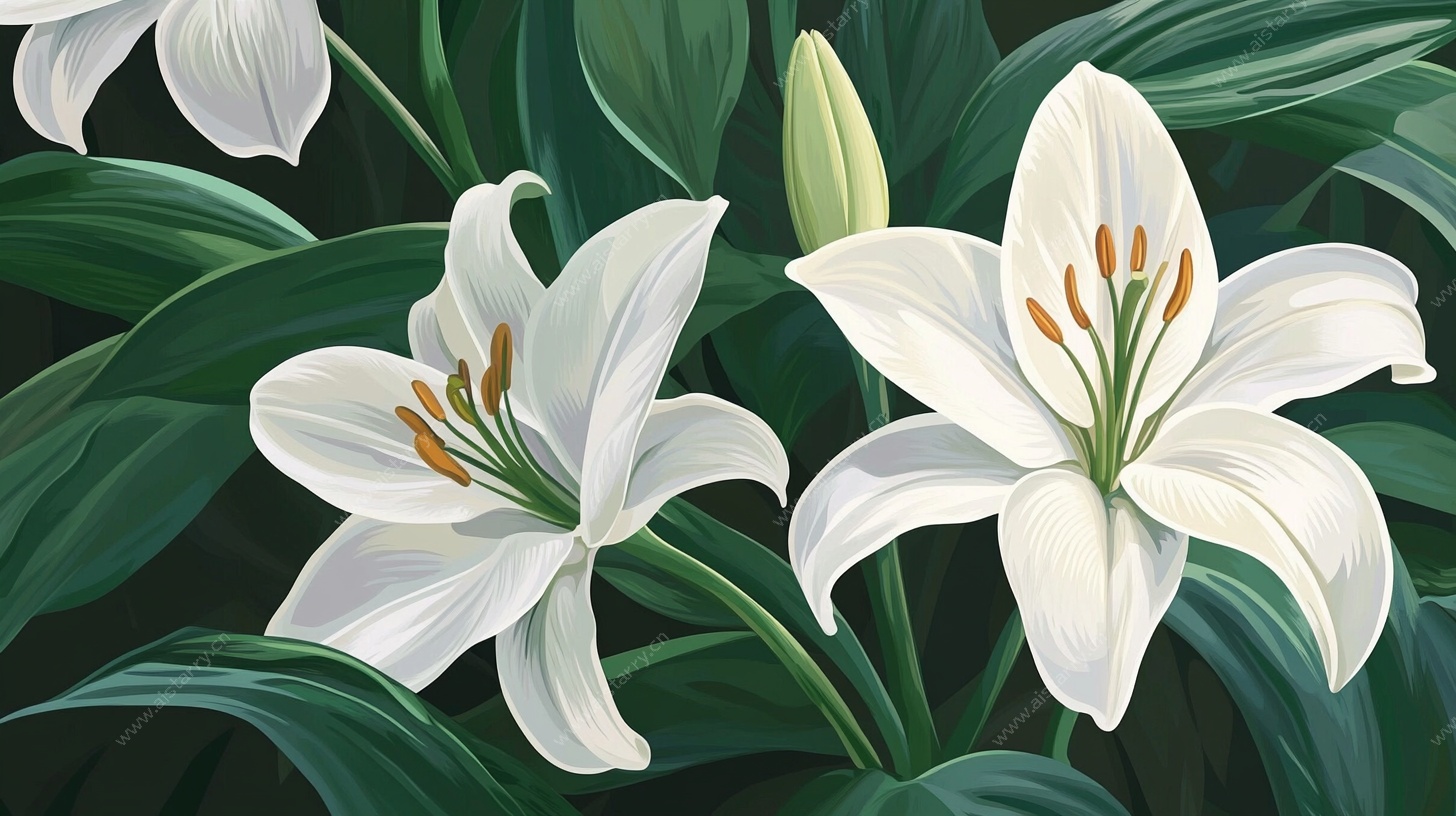 纯白百合花绽放插画