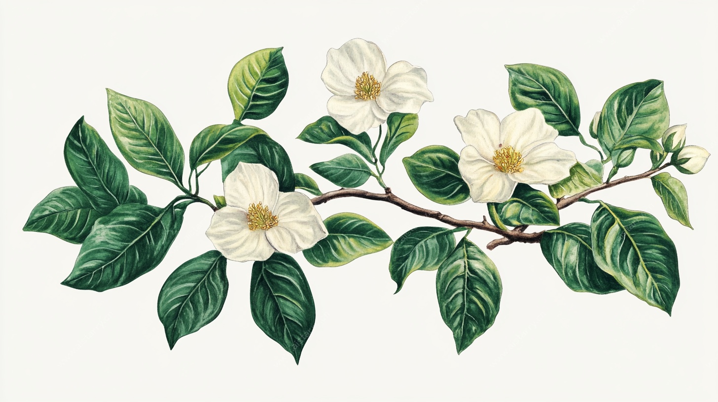 手绘白色花朵枝叶图