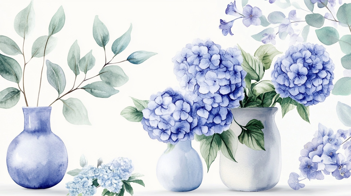 蓝绣球花瓶插画