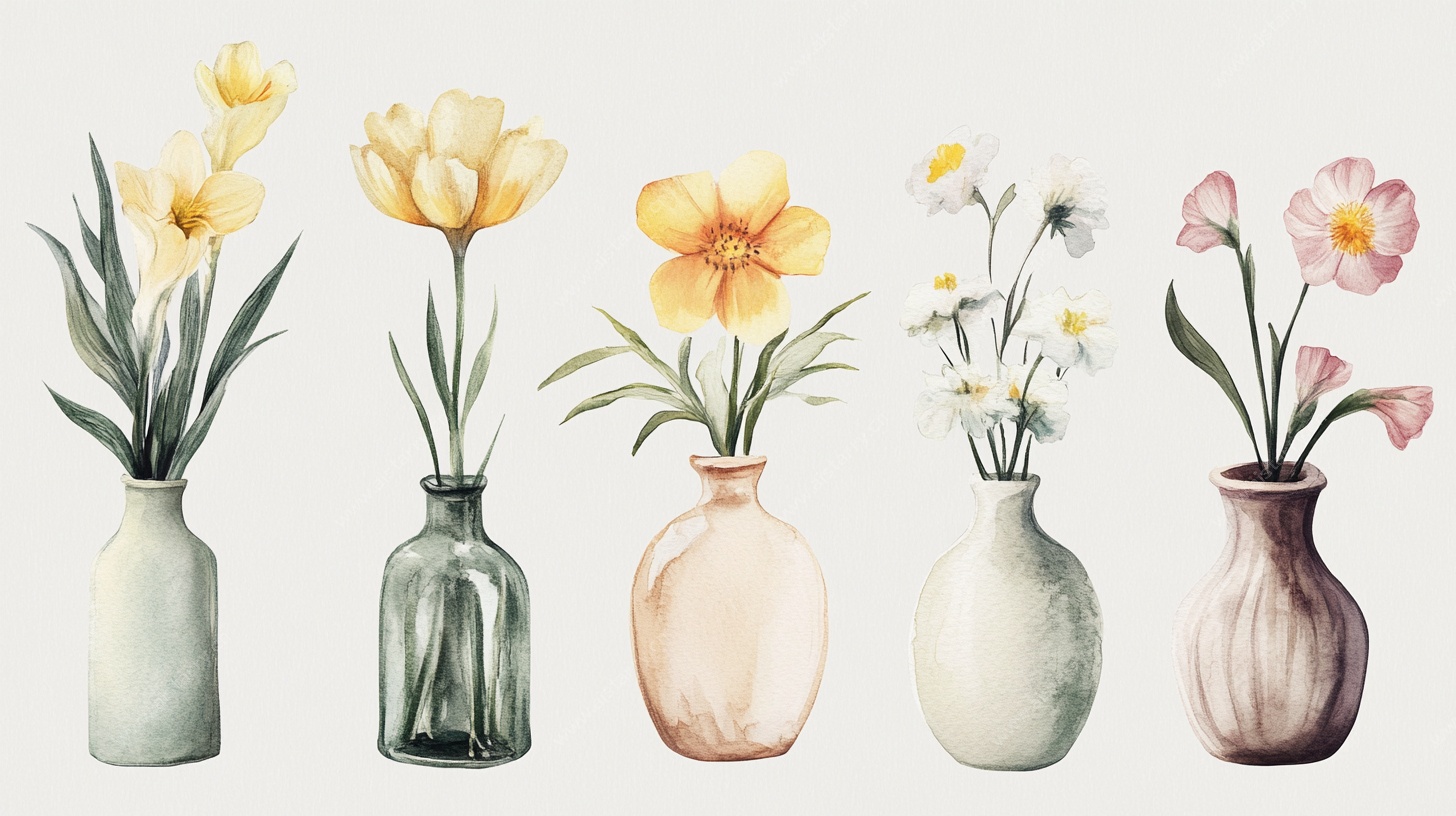 水彩花瓶花卉组合插画