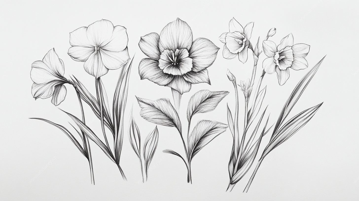 黑白花卉线描插画