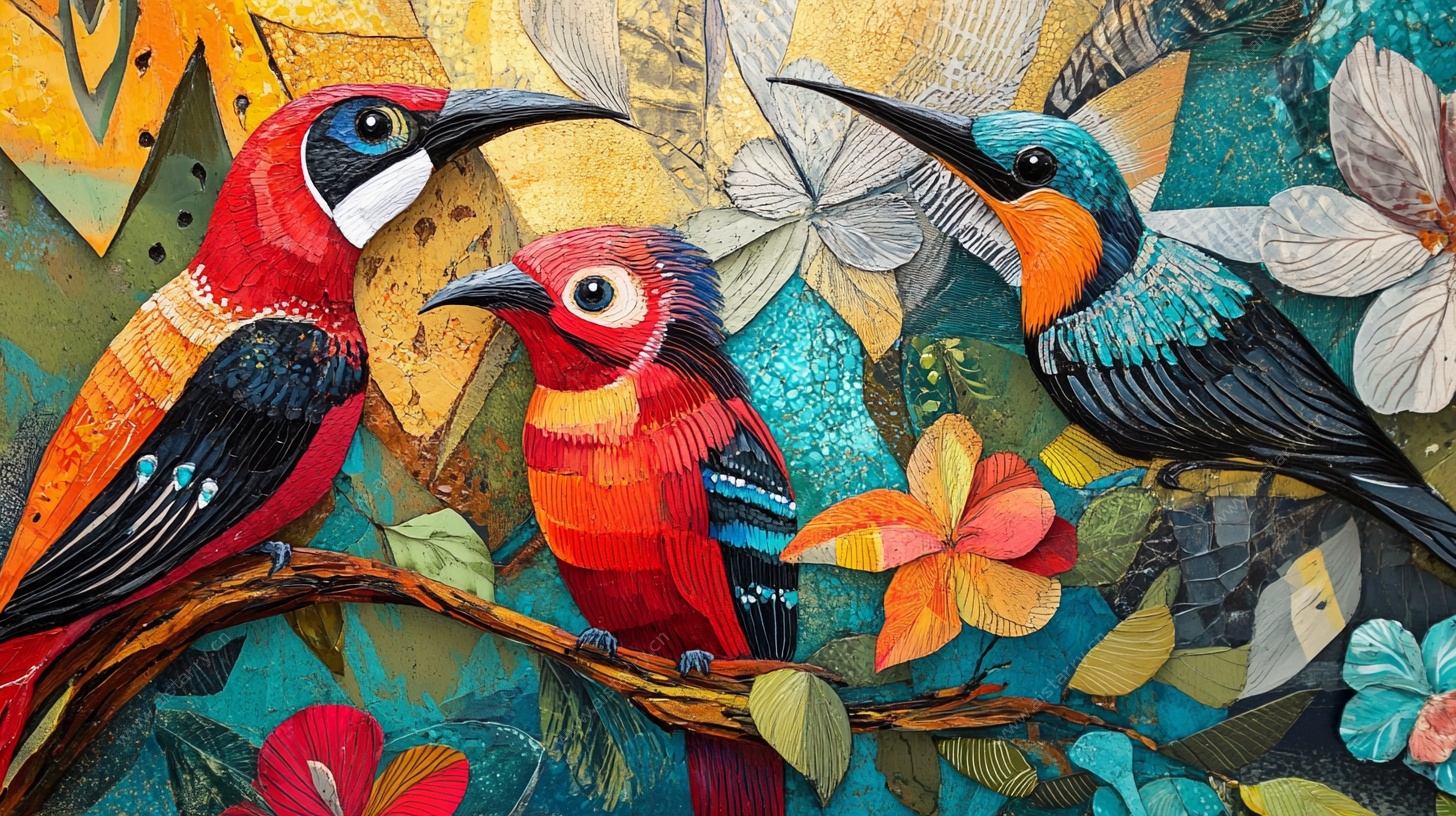 三只彩鸟栖于繁花枝头