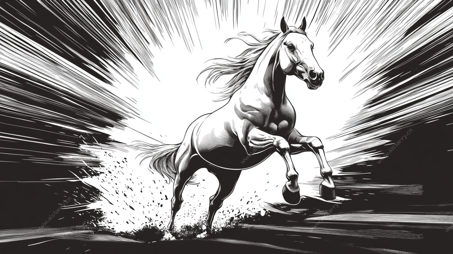 奔腾骏马黑白动感插画