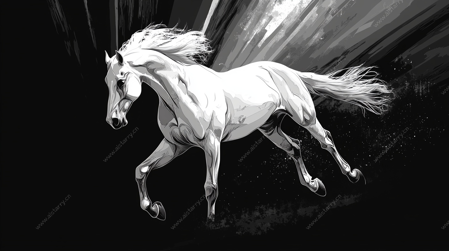 奔腾白马黑白艺术插画