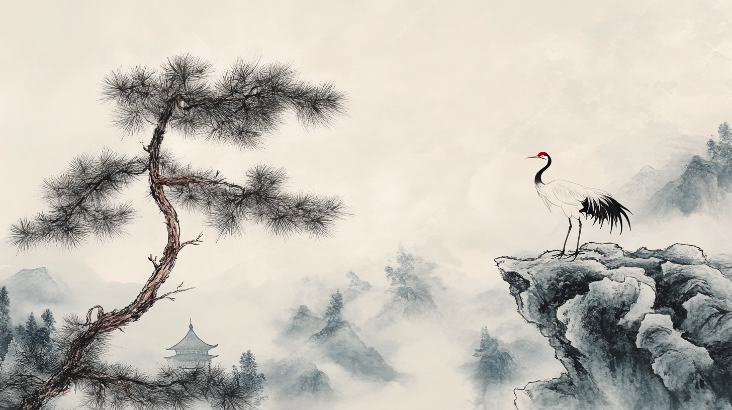 松鹤立于山水间