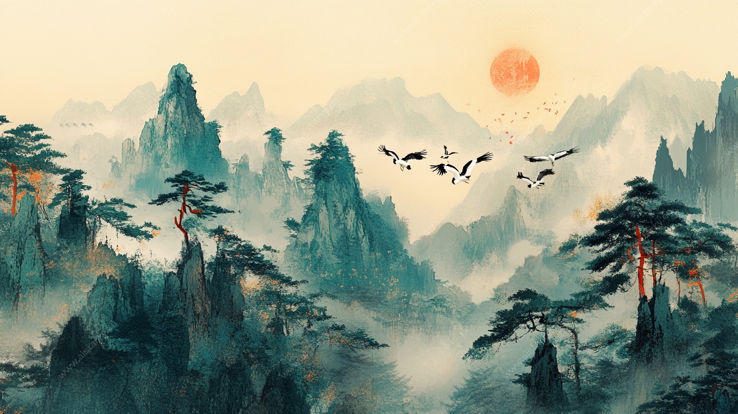 旭日群山飞鸟水墨图