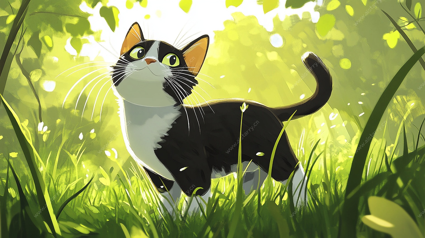 黑猫漫步绿野间
