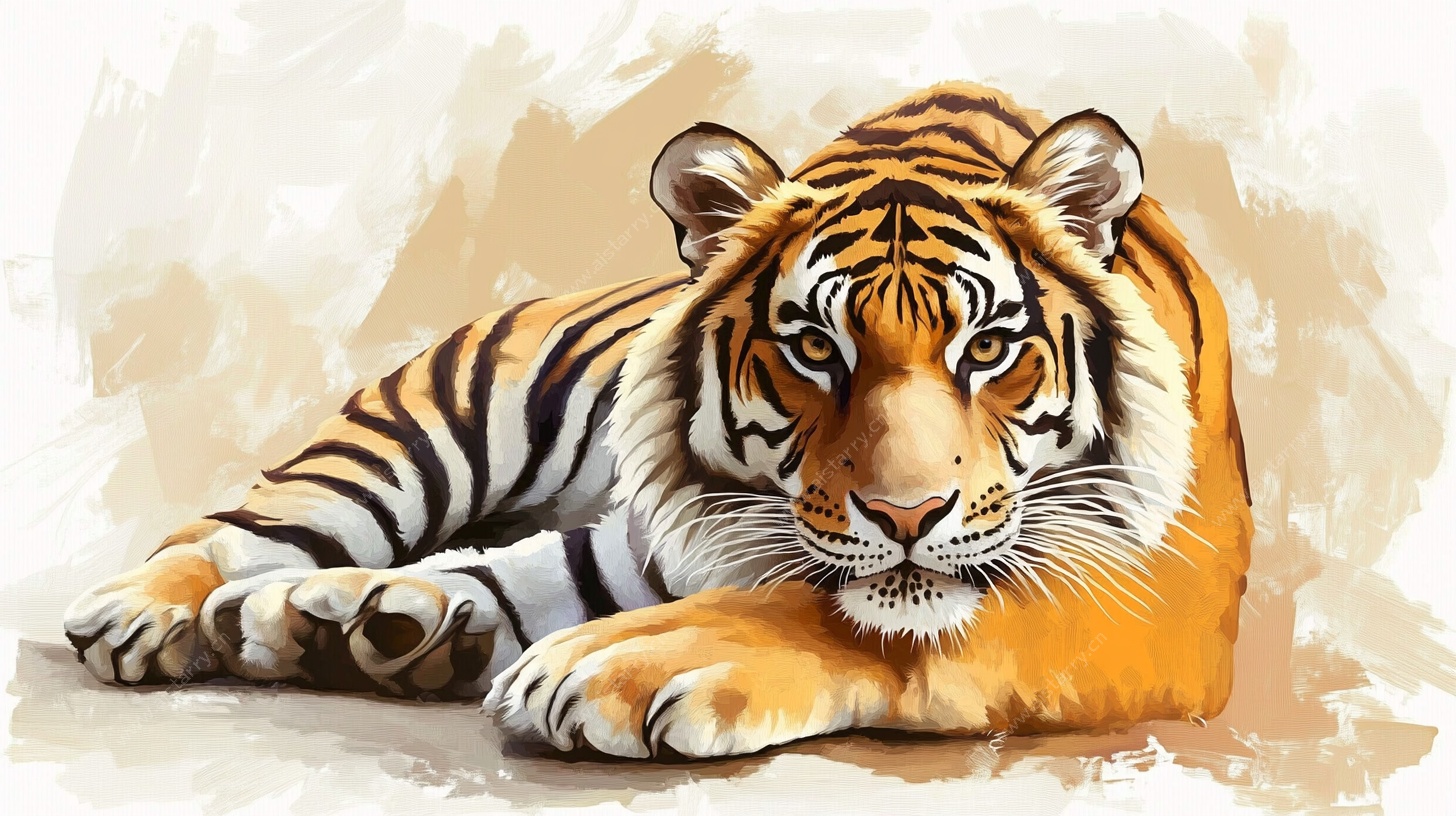 卧姿老虎水彩插画