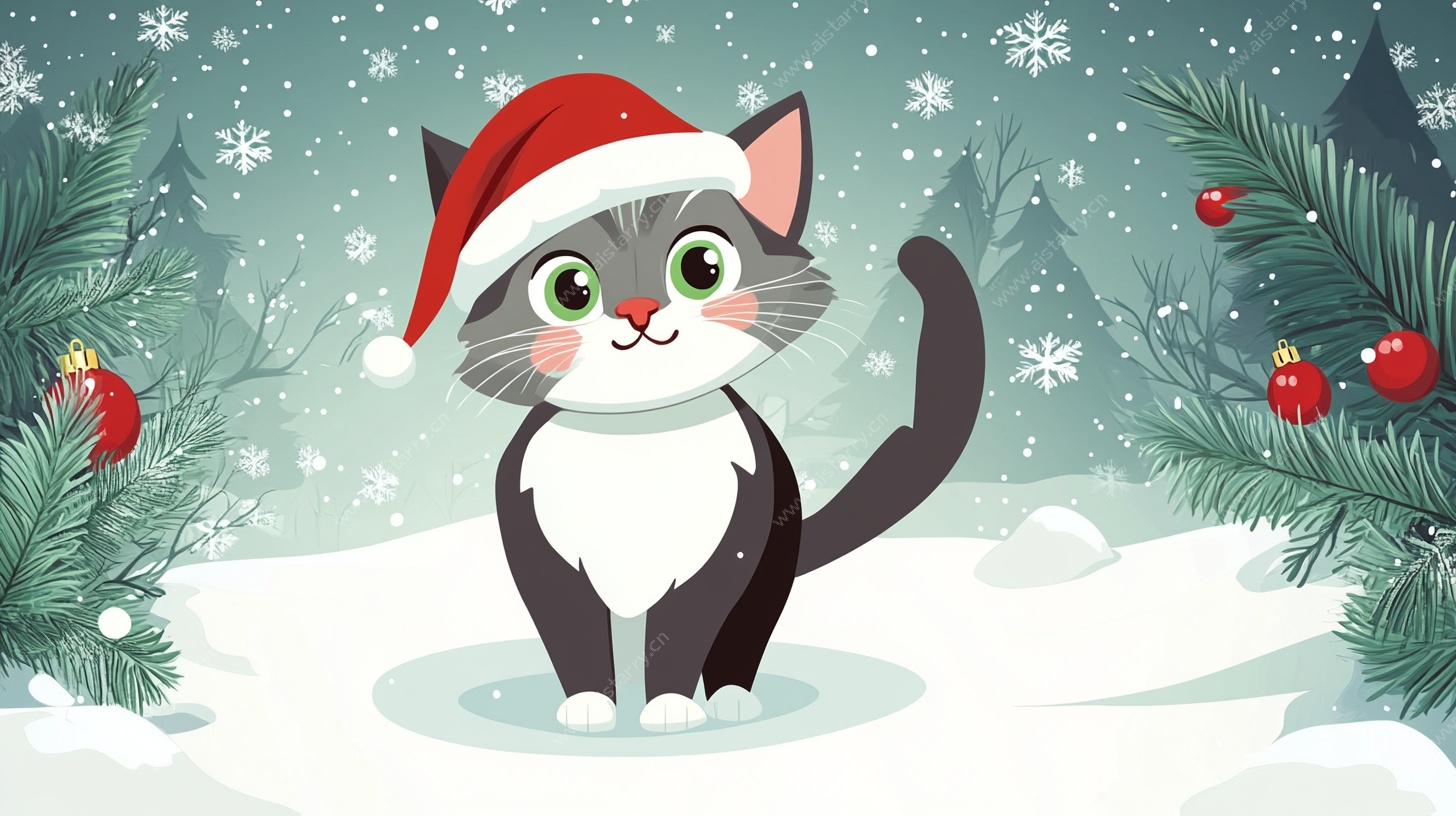 圣诞萌猫的冬日雪景