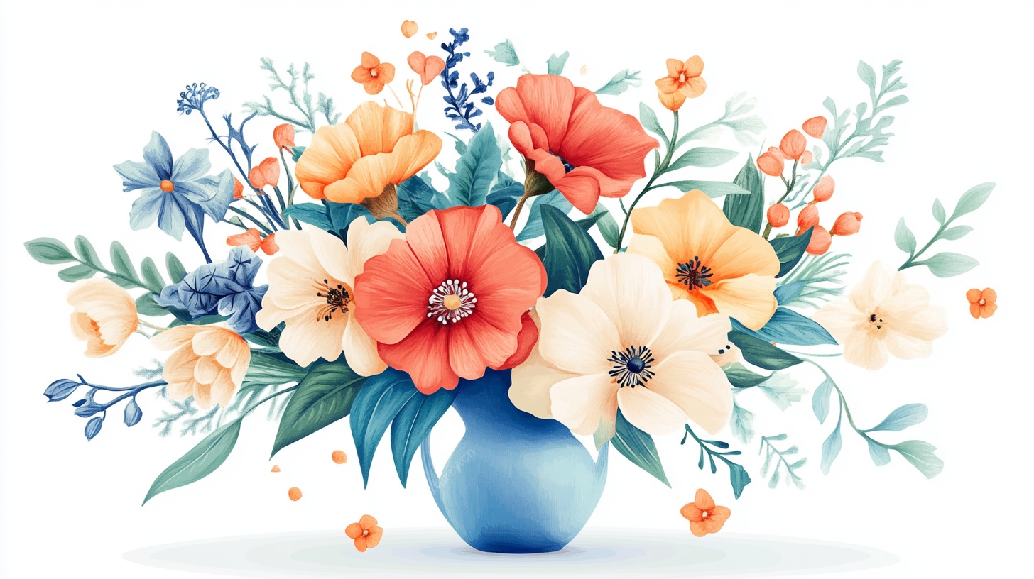 蓝色花瓶中的多彩花卉