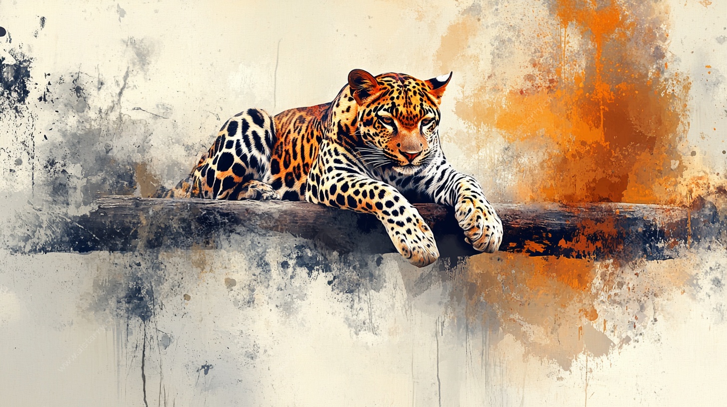 水墨风卧姿猎豹绘画作品