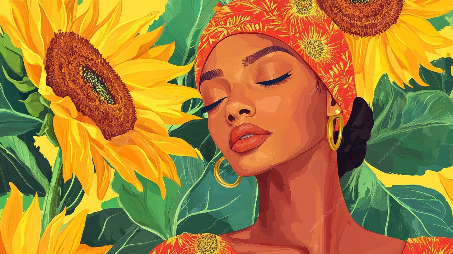 非洲风情女子与向日葵插画