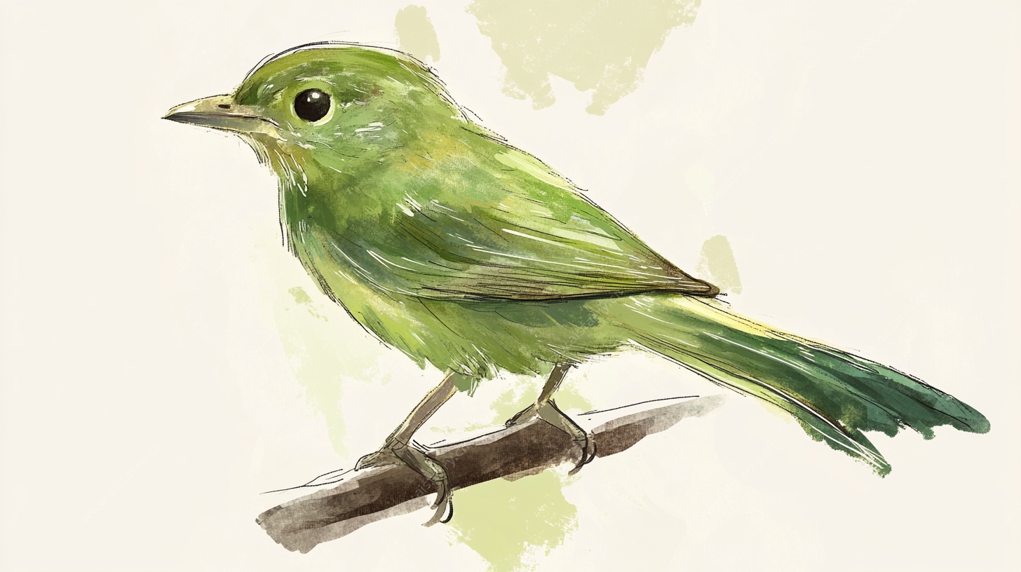 水彩绿鸟栖枝图