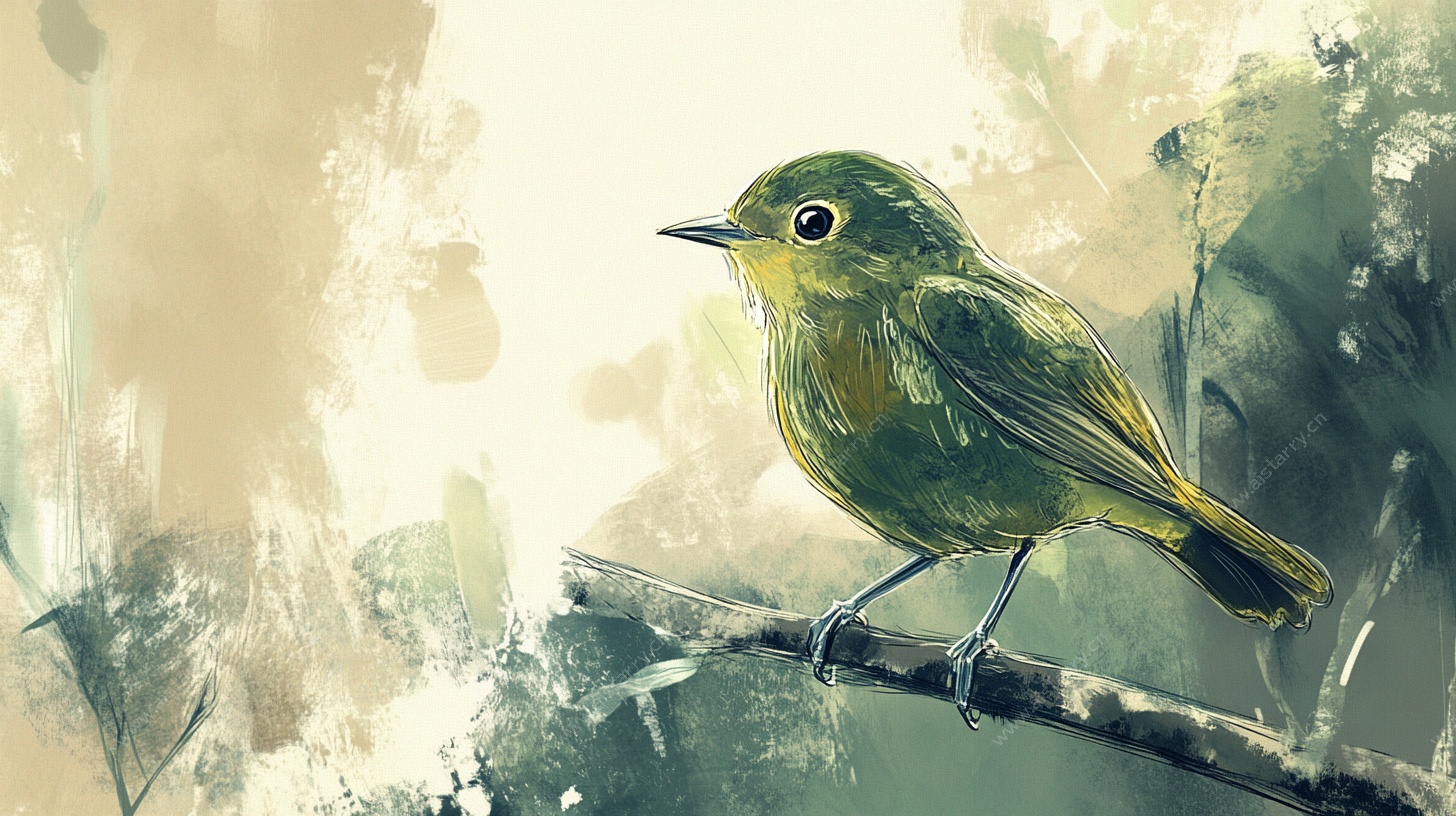 枝头绿鸟水彩画