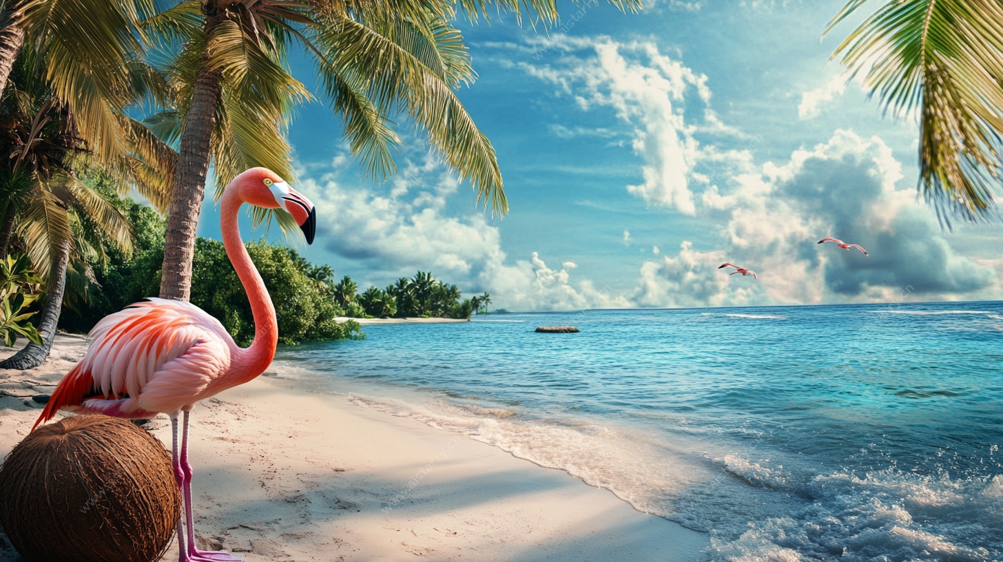 火烈鸟在热带海滩的惬意时光