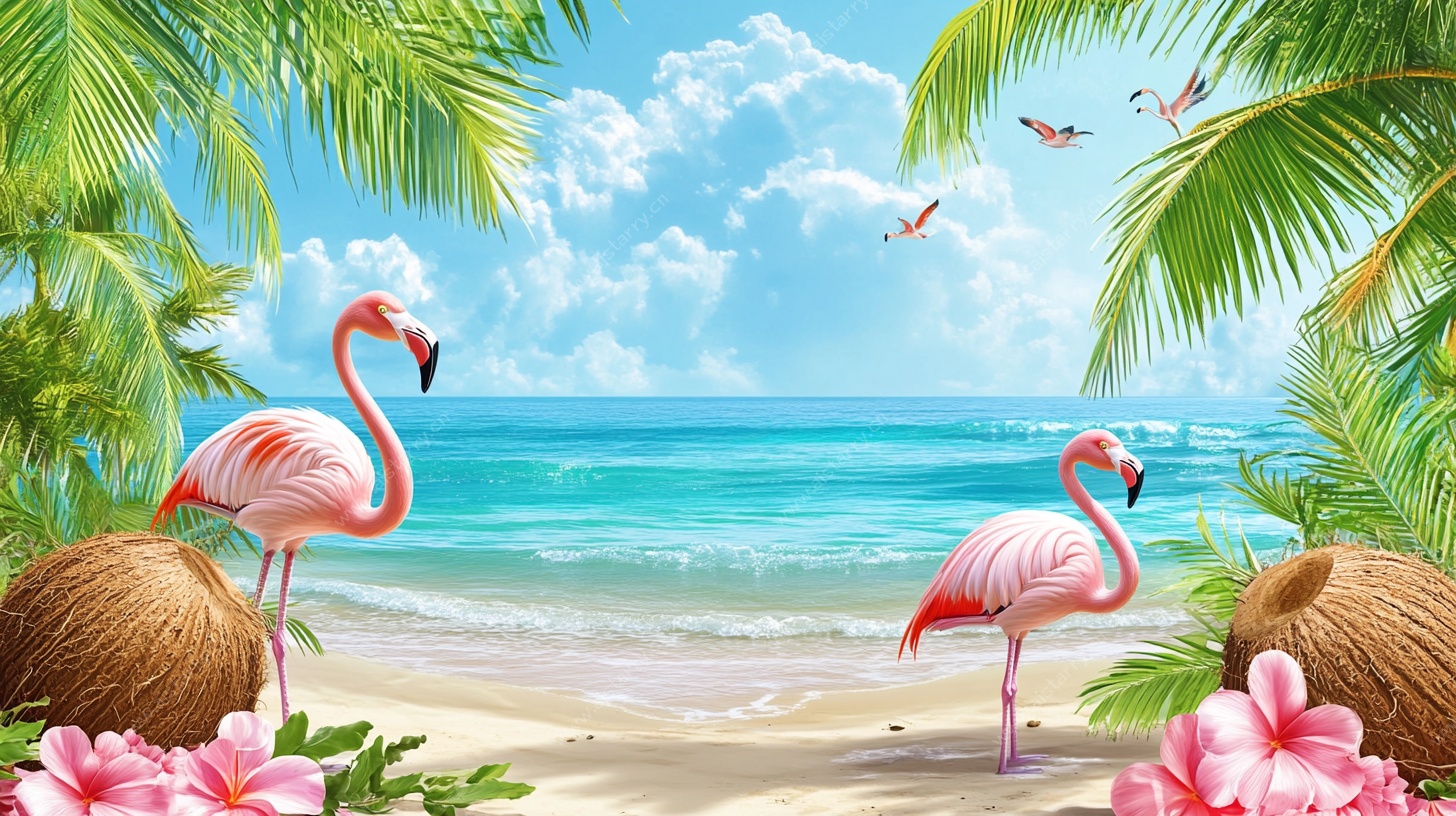 热带海滩火烈鸟风景图