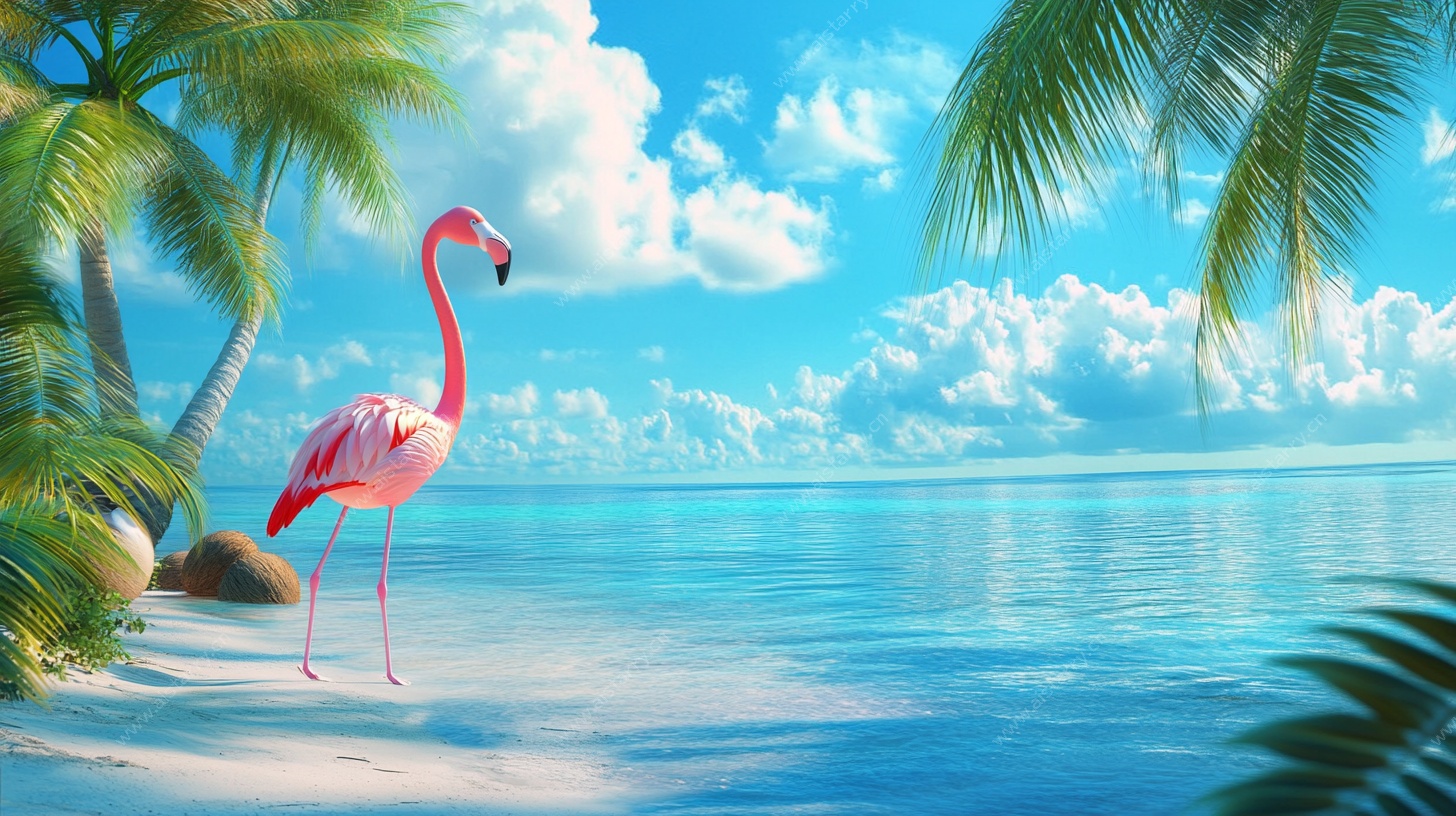 火烈鸟漫步热带海滩风光