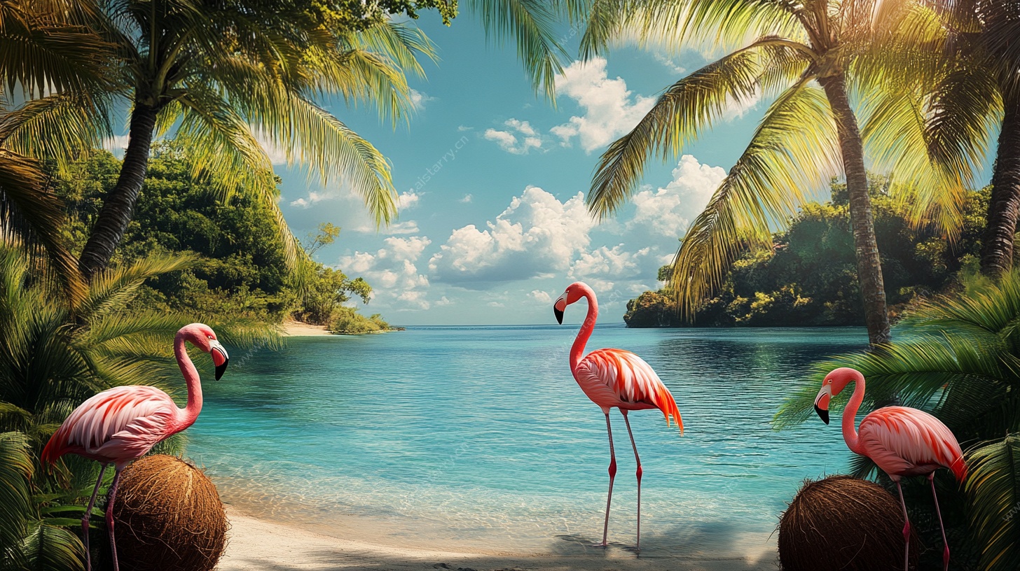 热带海滩火烈鸟美景