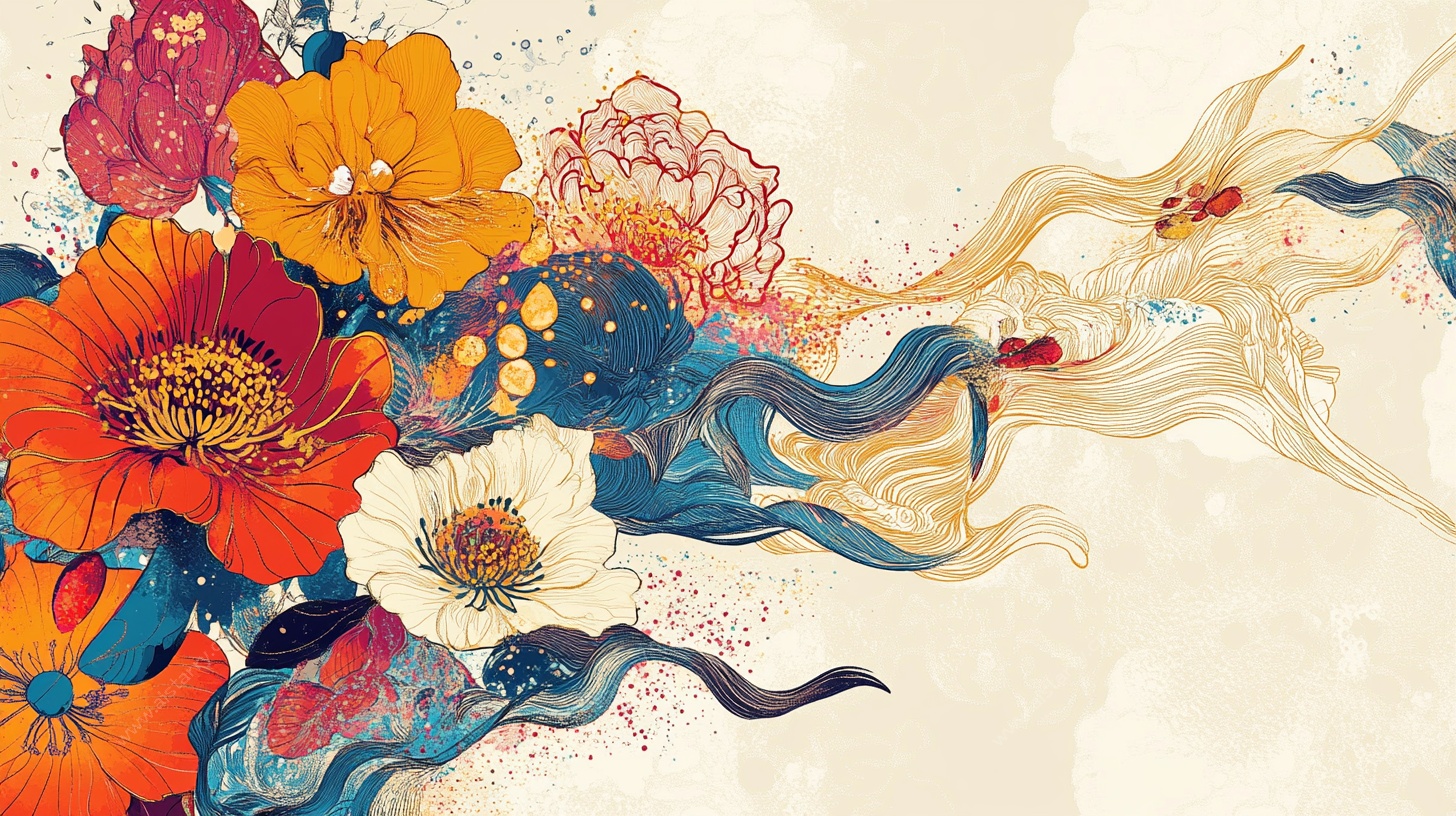 花卉鱼纹国风插画