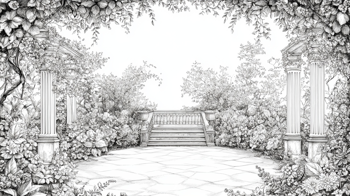 古典花园黑白线描景致