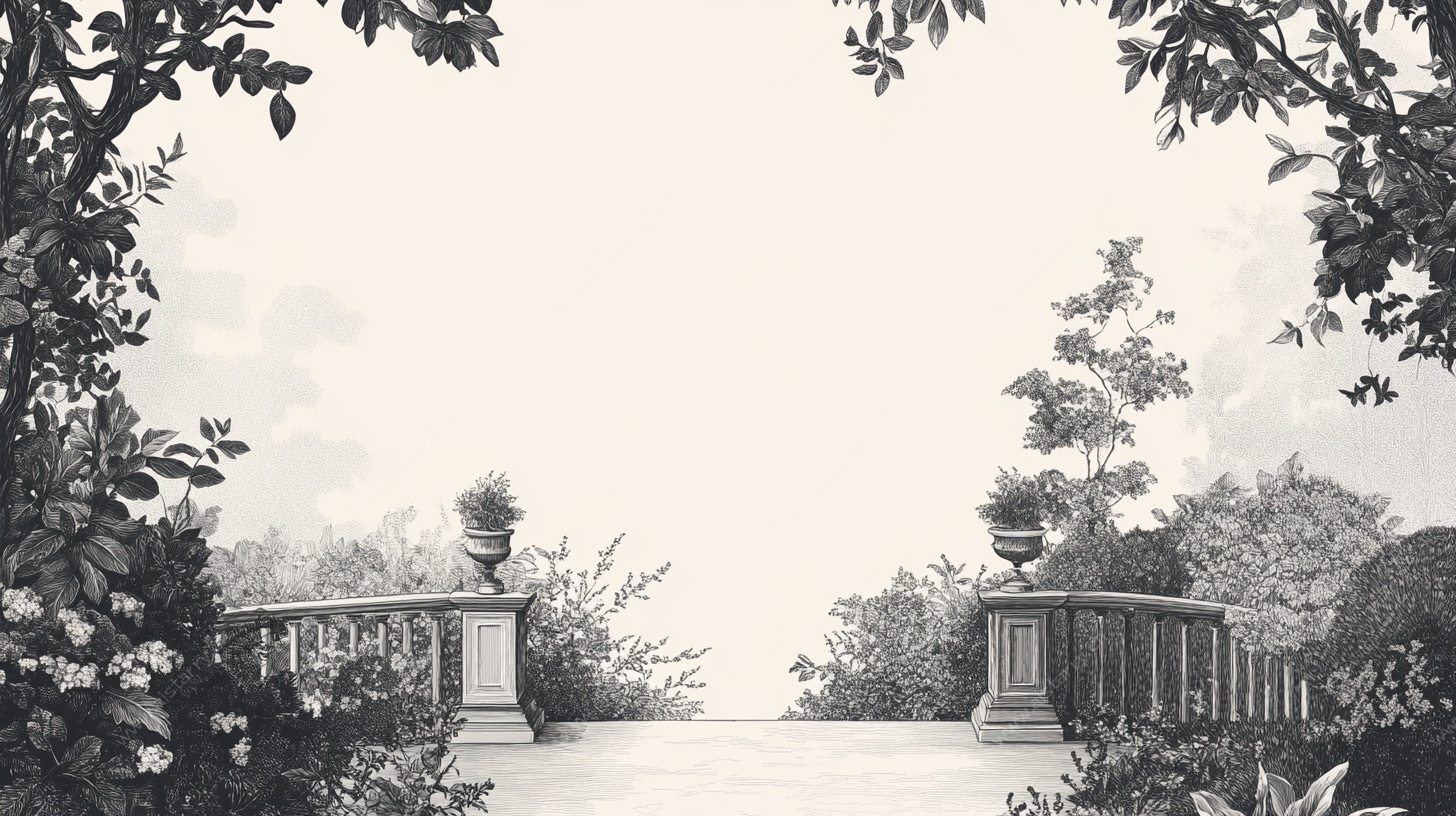 古典园林景观黑白插画
