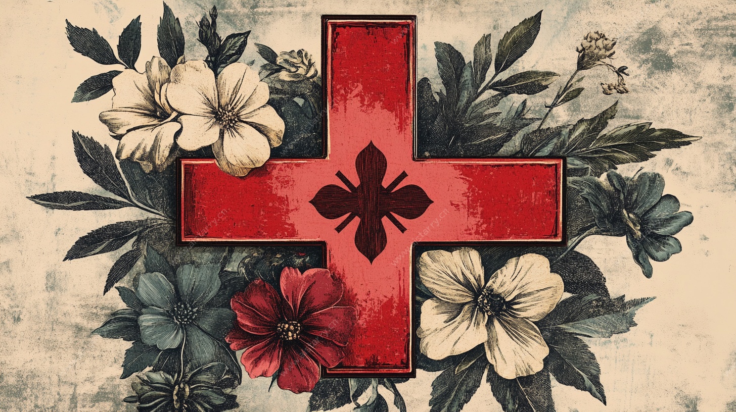 花卉环绕的红十字图案