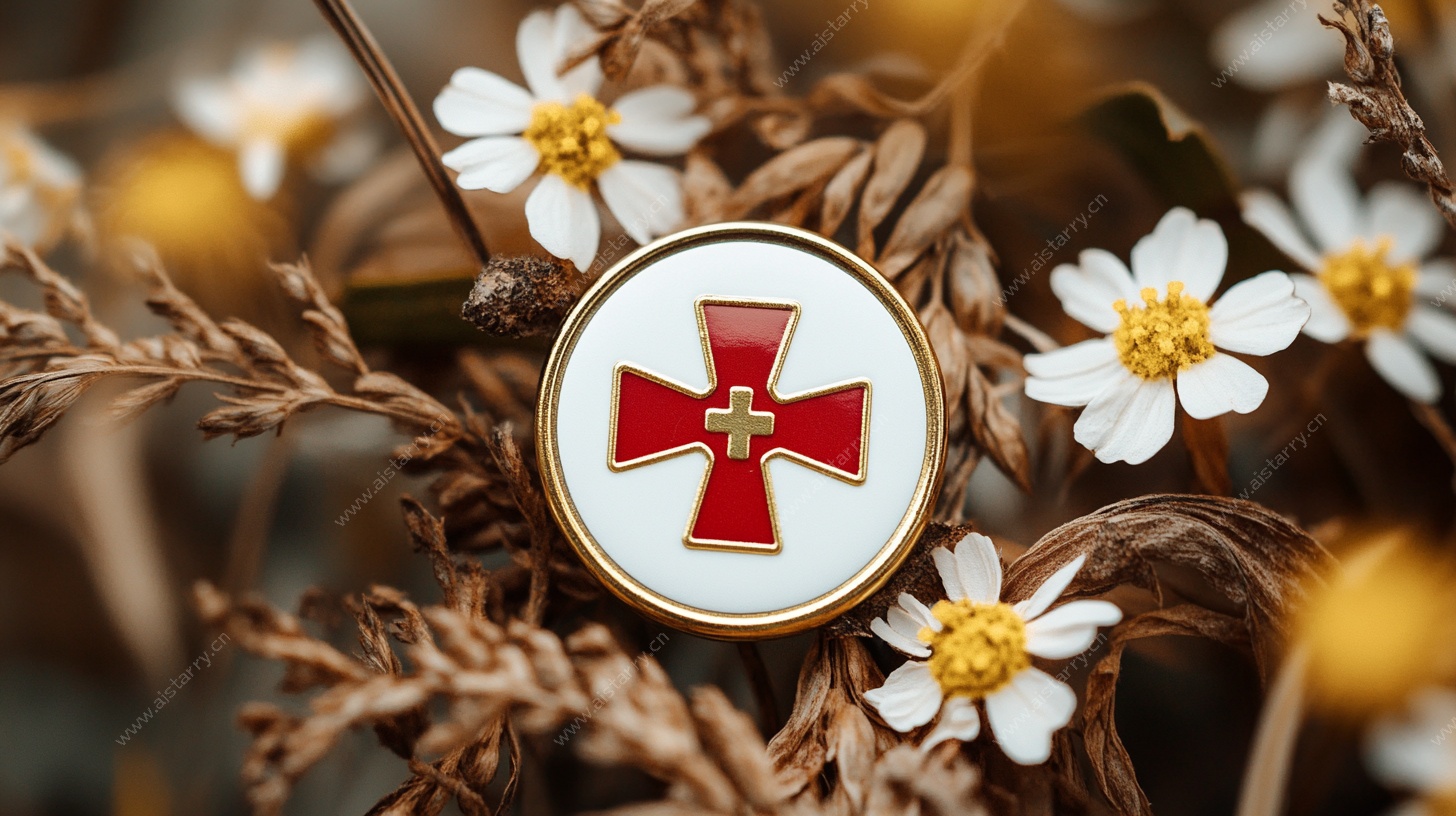 红十字徽章与野花特写