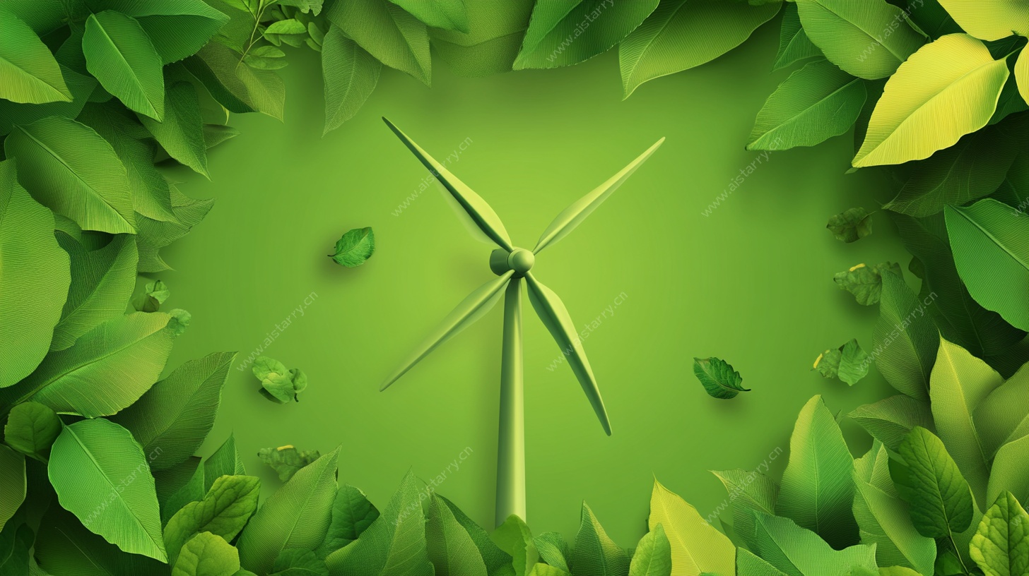 绿叶环绕的绿色风力发电机