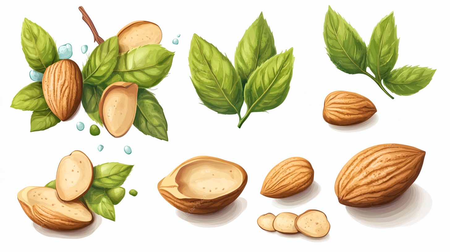 杏仁插画 绿叶相伴的坚果