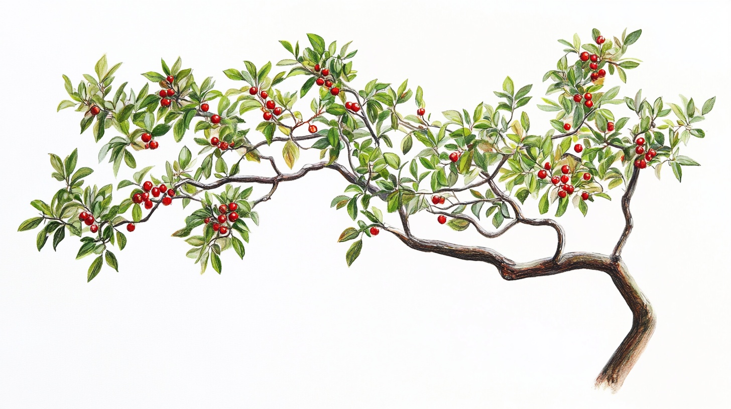 枝头红果植物手绘插画
